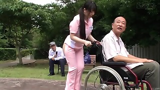 Subtitled extreme Japanese half nude caregiver outdoors